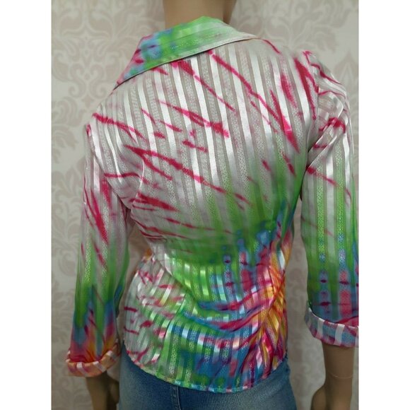 Vintage 90s Tie Dye Print Sheer Shimmery Blouse Size S White Button Front - Picture 9 of 12